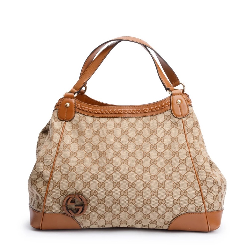Gucci Beige GG Canvas Shoulder Bag with Tan Leather Trim